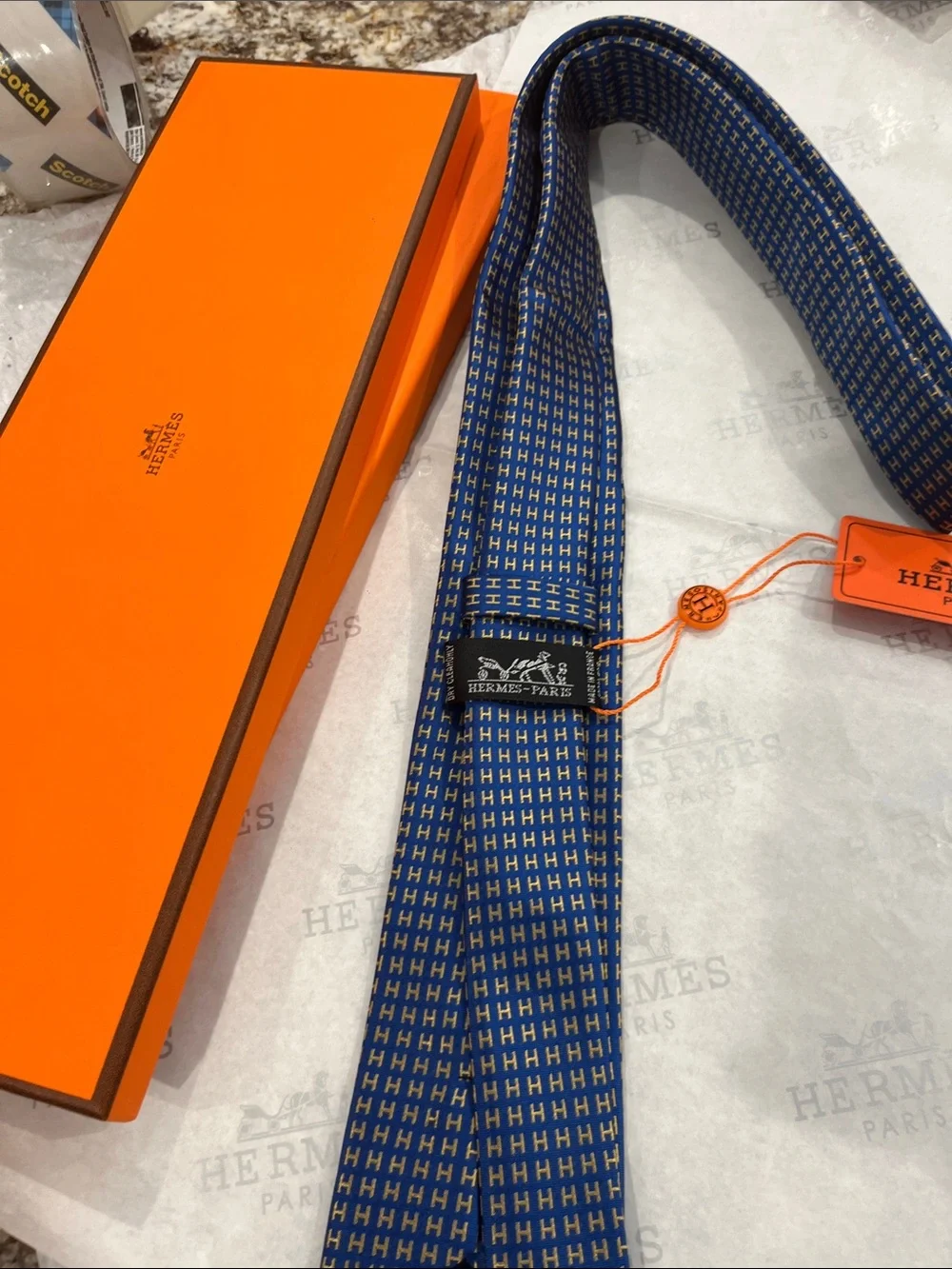 Hermes Blue Silk Tie with H Motif